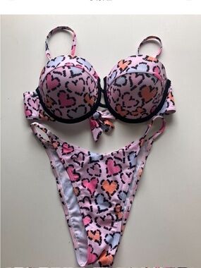 SHEIN Pink Heart Print Push Up Bikini Set High Cut Leg Swimsuit Women Medium